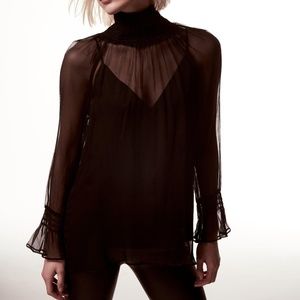 KRISA Sheer Smocked Neck Turtleneck